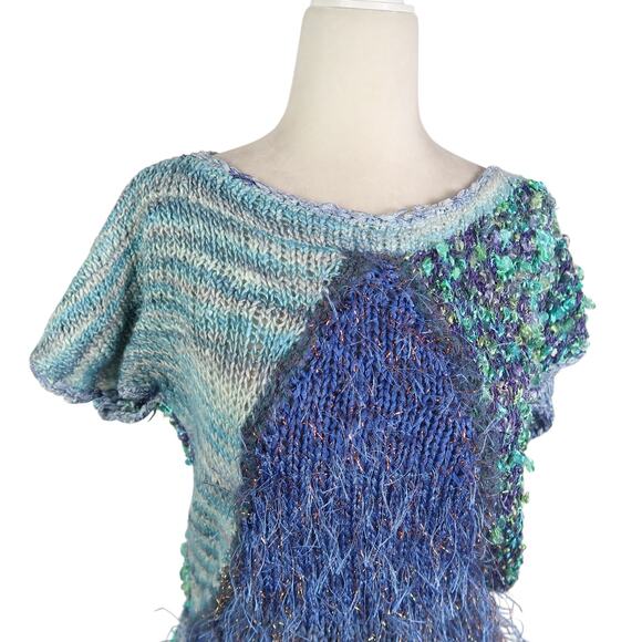 Vintage 90s Blue Patchwork Shaggy Eyelash Knit Short Sleeve Sweater M - Picture 2 of 4